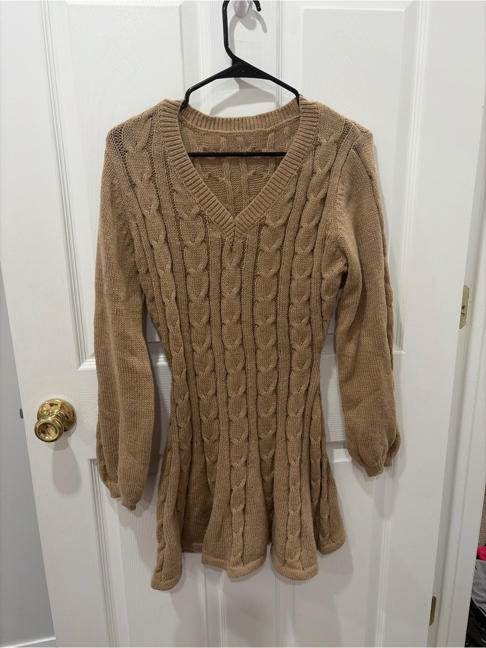SweatyRocks Cable Knit V-Neck Sweater Dress in Tan